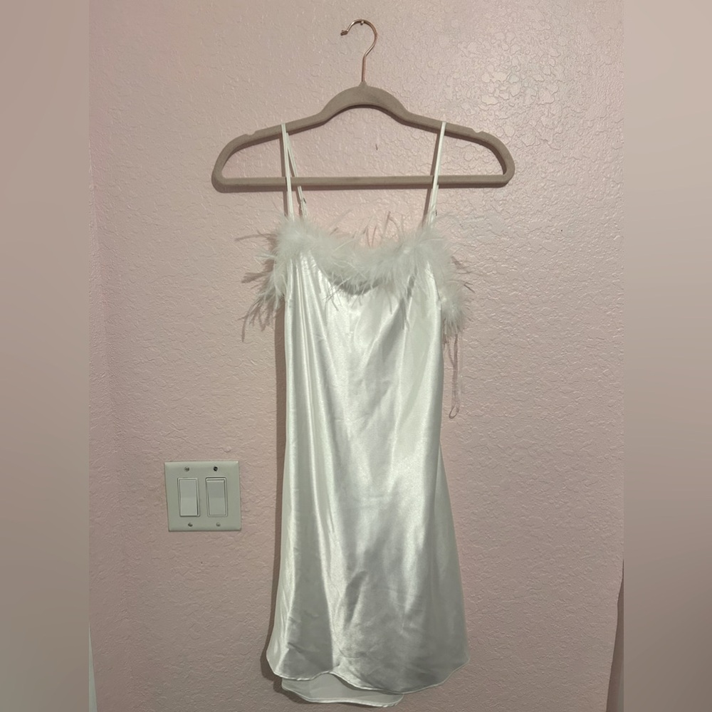 Thirty thirty white satin dress with feather trim